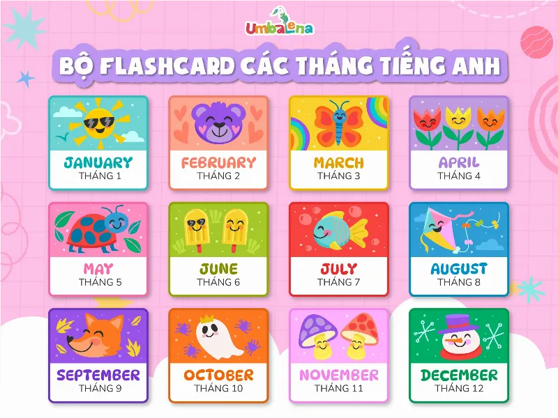 Hình ảnh minh họa một bộ flashcard với tên các tháng tiếng Anh, có thể thấy rõ các từ như January, February, December, thể hiện phương pháp học tập trực quan