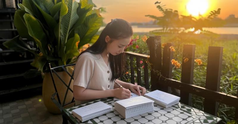 Một tấm thiệp sinh nhật viết tay bằng tiếng Anh, với chữ viết mềm mại và hình vẽ trái tim nhỏ.